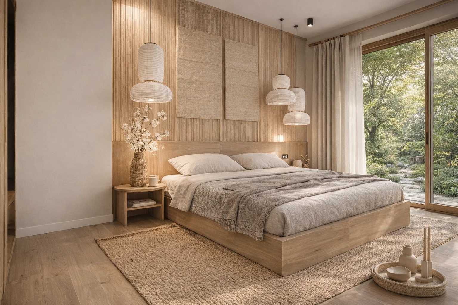 Sypialnia mieszkania w stylu japandi w Pile