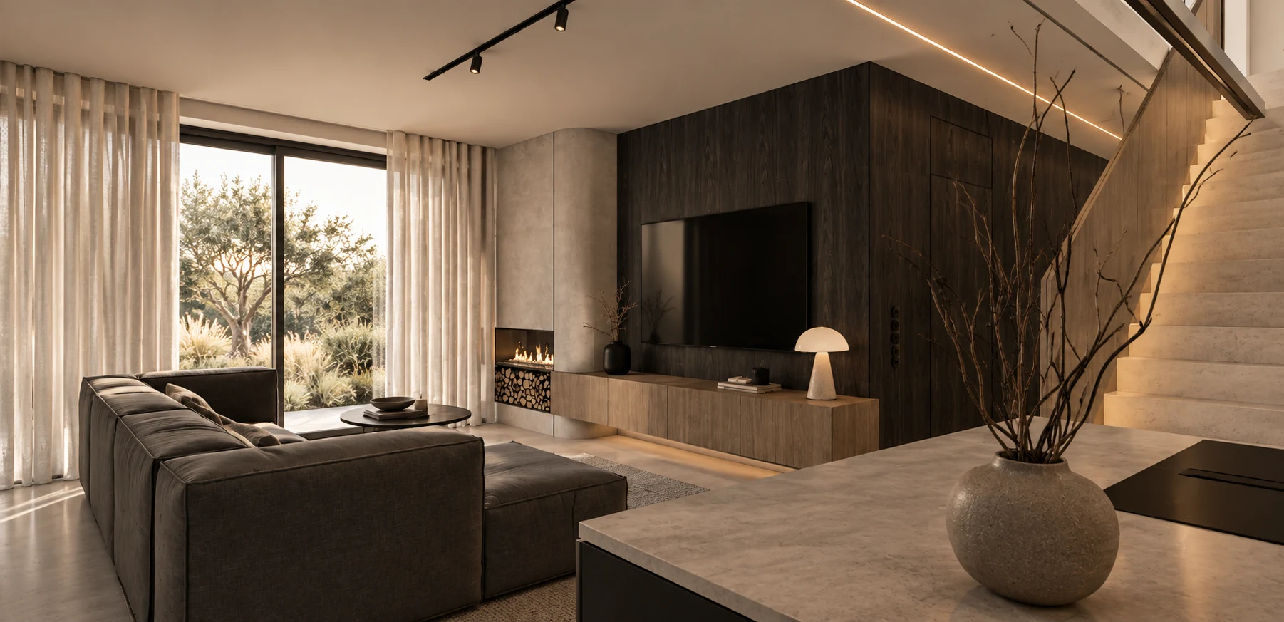 Salon z ciemną drewnianą ścianą i kominkiem