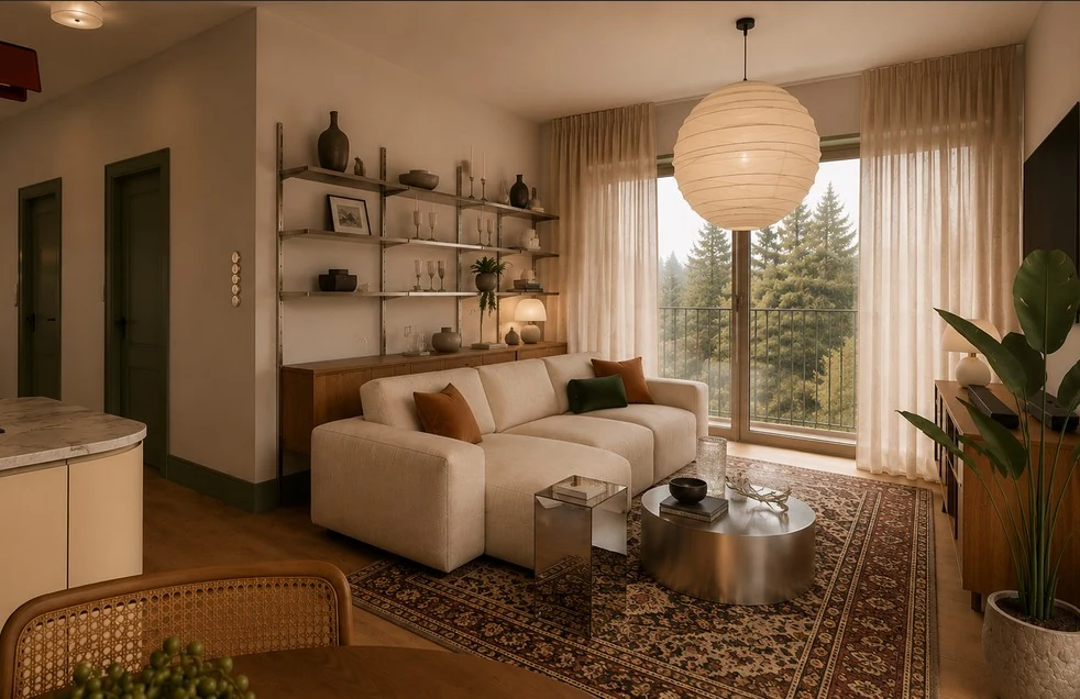 Salon z jasną sofą, stalowymi stolikami i oliwkowymi drzwiami